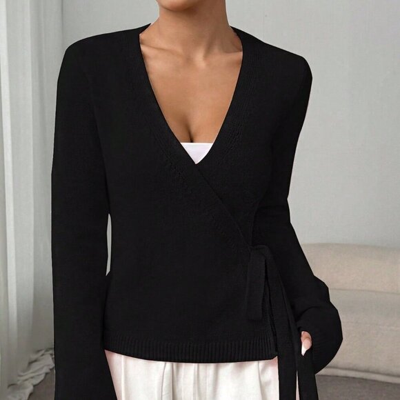 Black Casual Women's Lace-Up Loose Versatile knit Cardigan - Picture 3 of 8